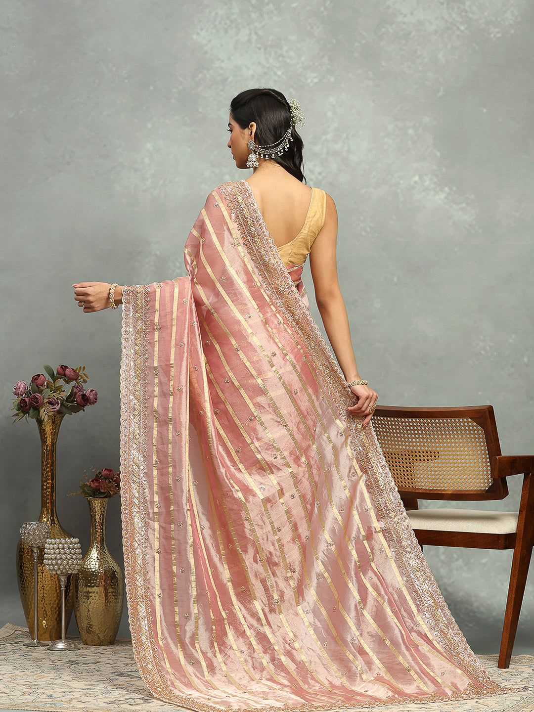 Pearl &amp; Sequin Embroidered Tissue Saree
