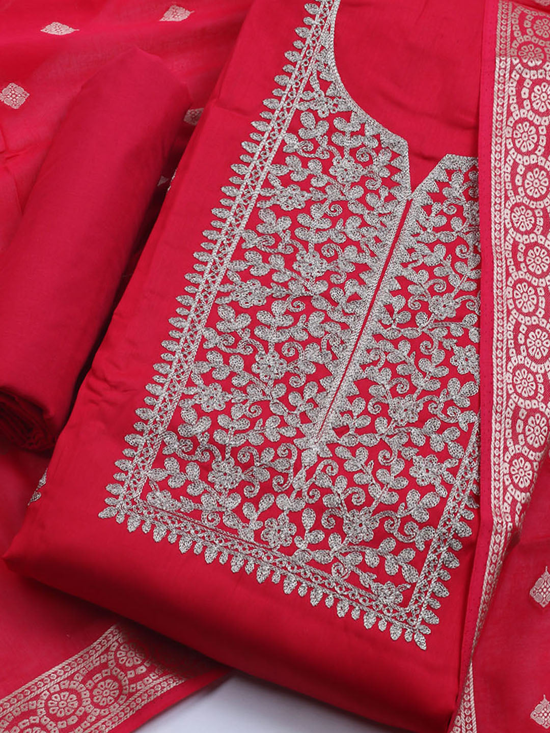 Neck Embroidered Chanderi Unstitched Suit With Dupatta