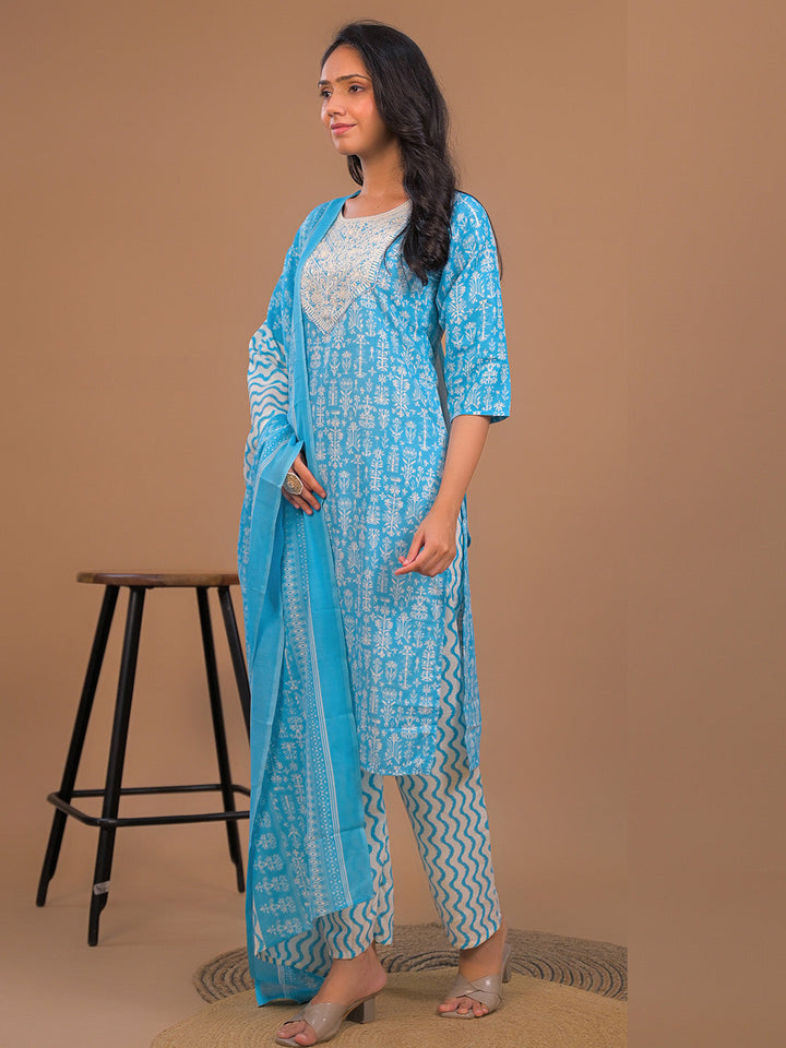 Printed Cotton Blend Kurta With Pants &amp; Dupatta