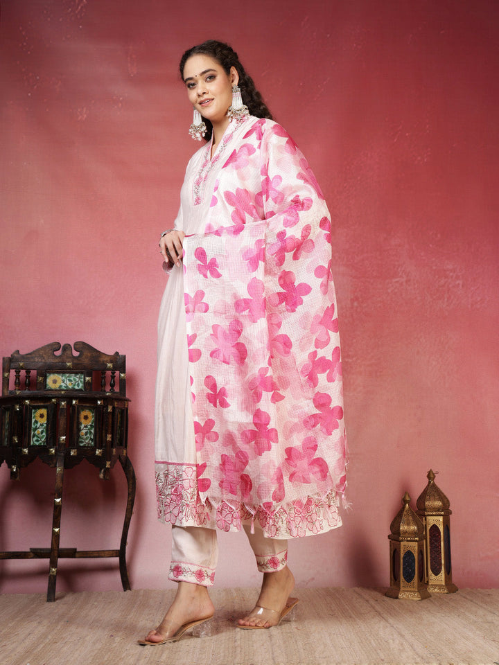 Embroidered Chanderi Kurta With Pant &amp; Dupatta