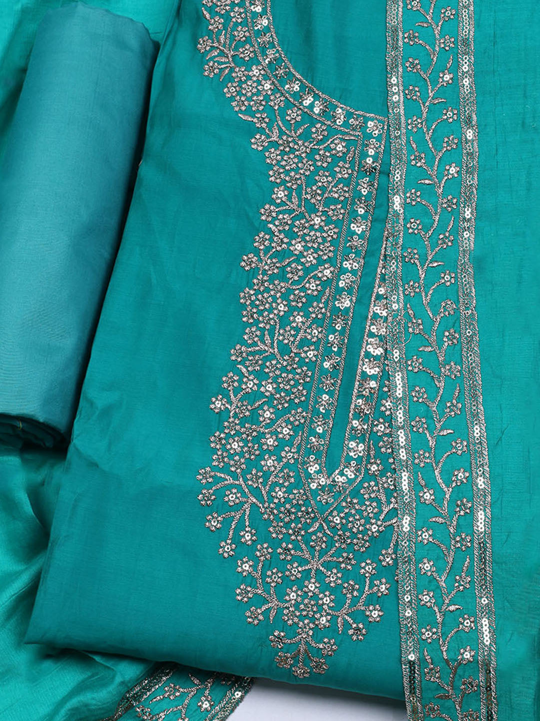 Neck Embroidered Chanderi Unstitched Suit With Dupatta