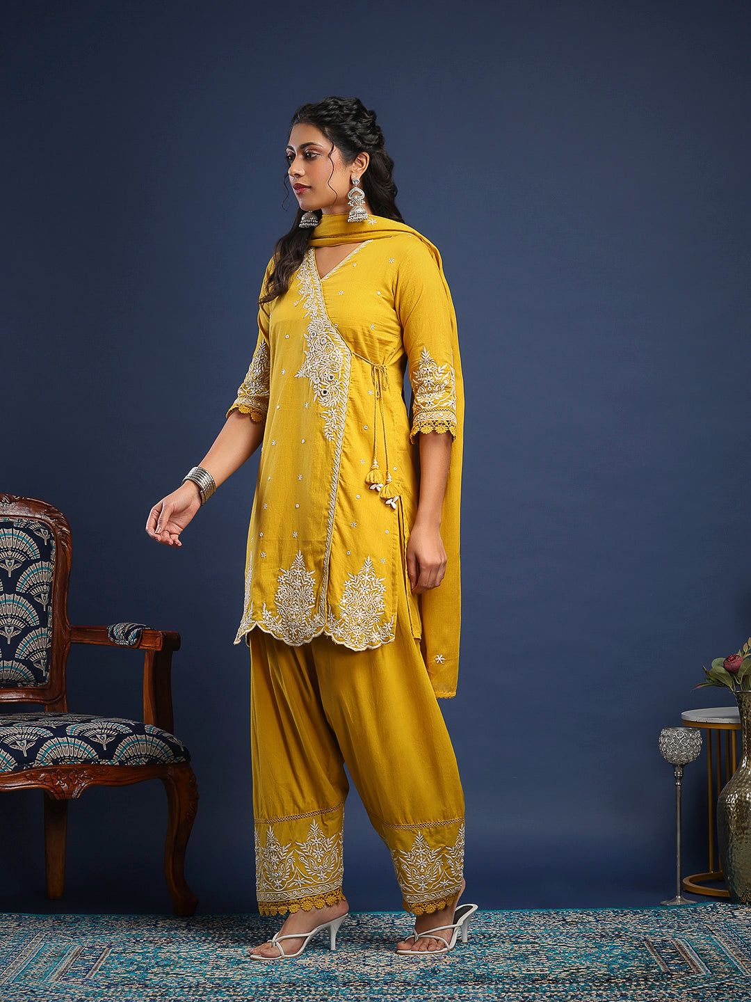 Embroidered Cotton Kurta With Pant &amp; Dupatta