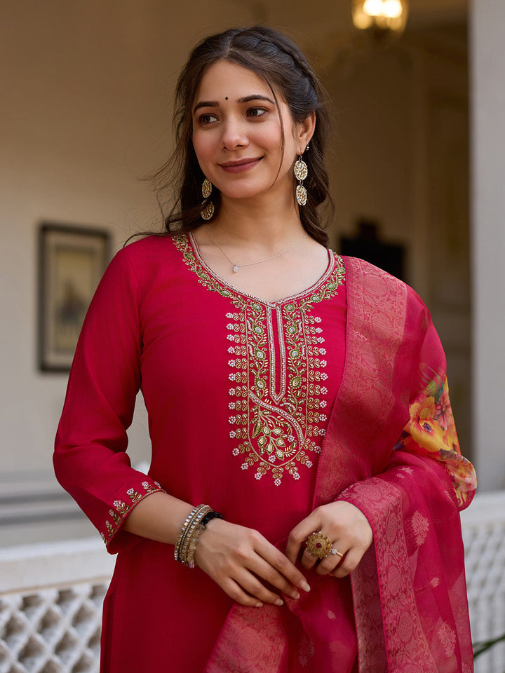 Neck Zari Embroidered Cotton Blend Kurta With Pants &amp; Dupatta