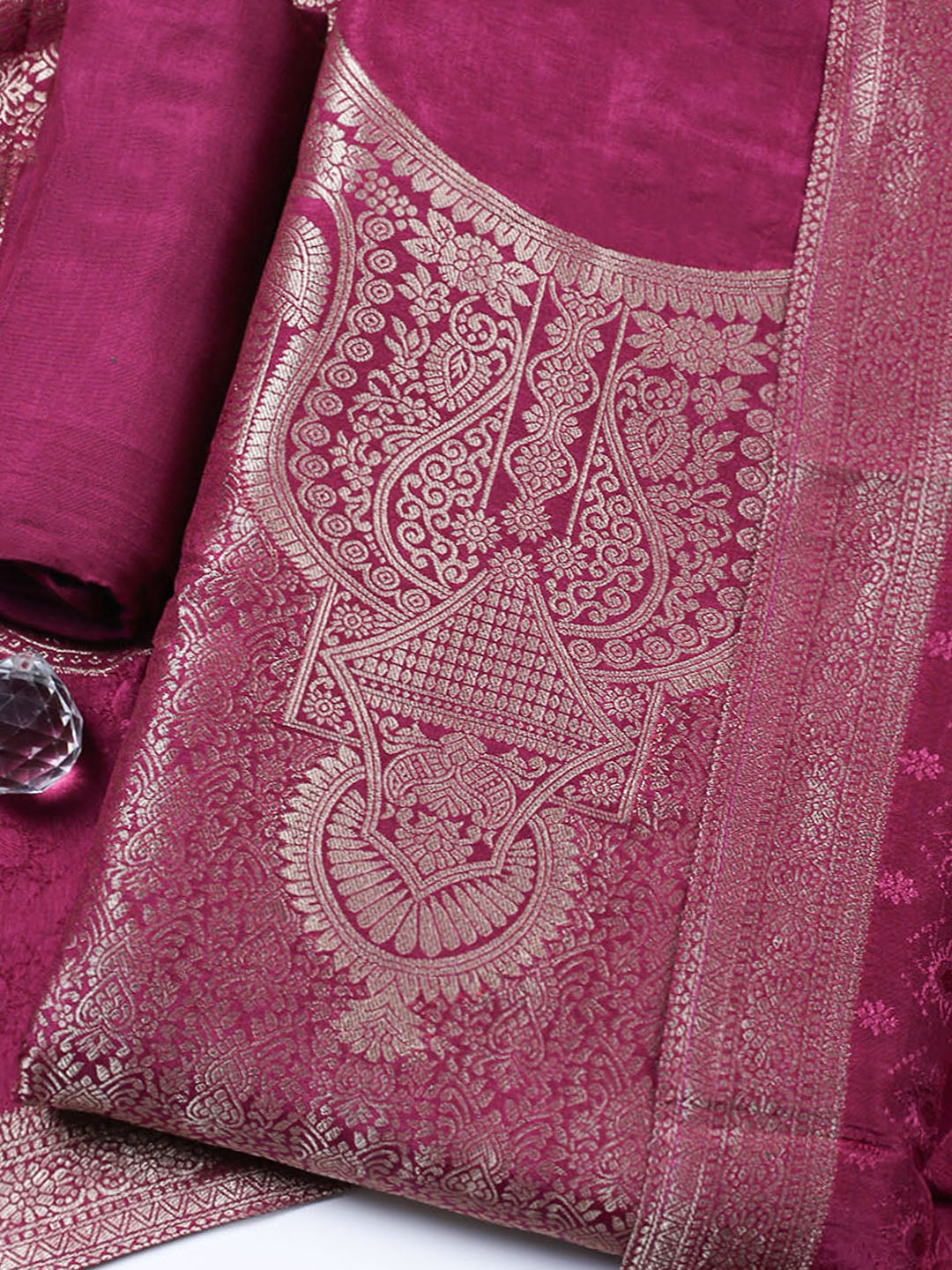 Embroidered Chanderi Unstitched Suit With Pant &amp; Dupatta