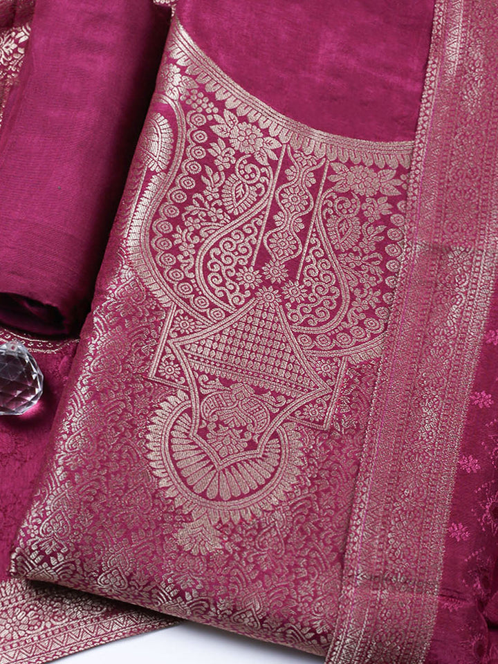 Embroidered Chanderi Unstitched Suit With Pant &amp; Dupatta