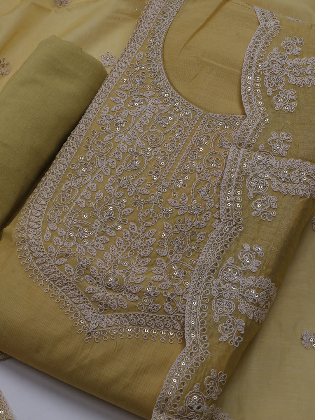 Neck Embroidered Chanderi Unstitched Suit With Dupatta