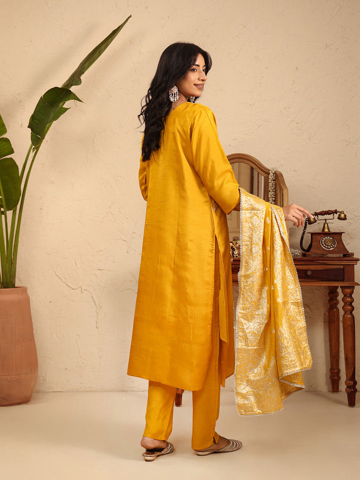 Embroidered Cotton Kurta With Pant &amp; Dupatta