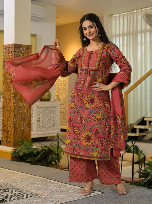 Printed Cotton Blend Kurta With Pants & Dupatta