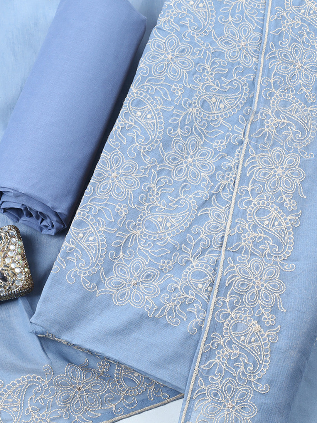 Embroidered Cotton Blend Unstitched Suit With Pant &amp; Dupatta