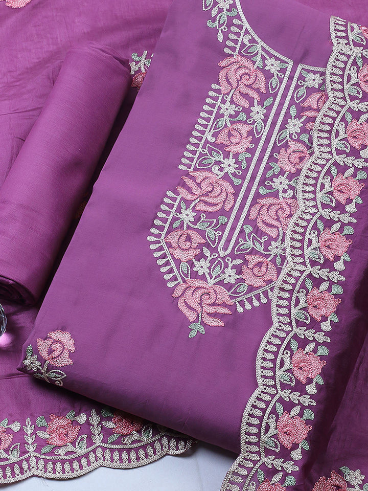 Embroidered Chanderi Unstitched Suit With Pant &amp; Dupatta