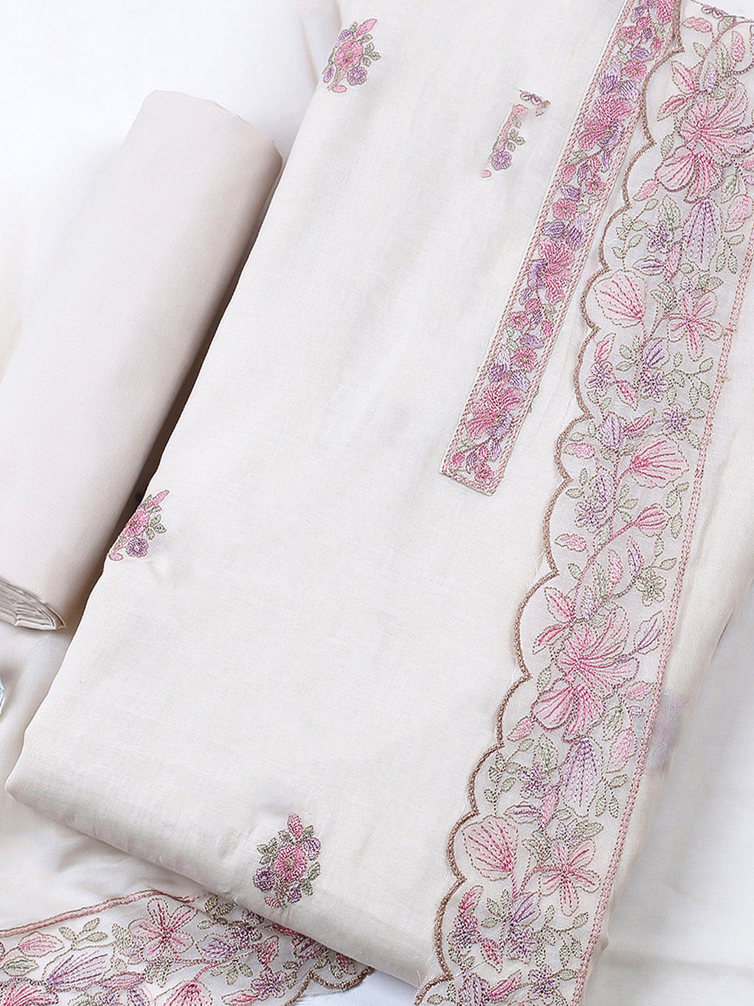 Embroidered Chanderi Unstitched Suit With Pant &amp; Dupatta