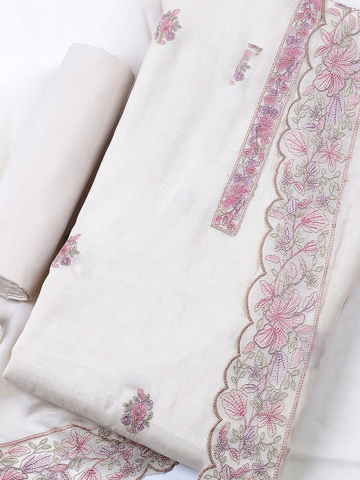 Embroidered Chanderi Unstitched Suit With Pant &amp; Dupatta