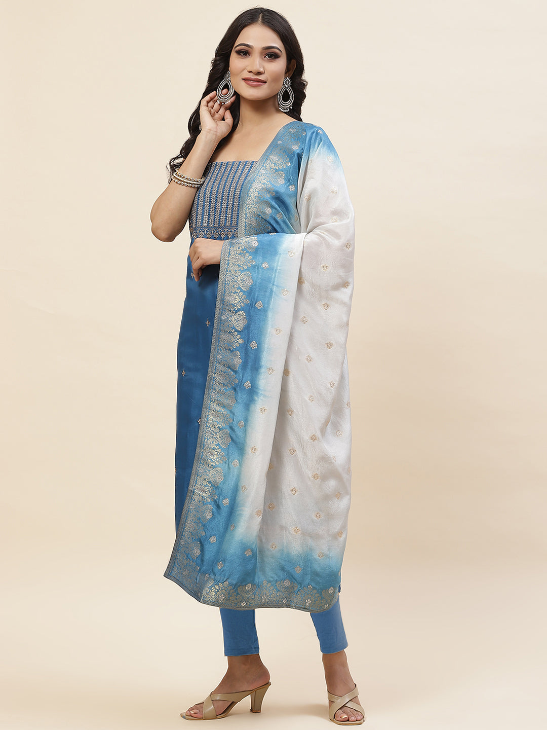 Neck Zari Sequin Embroidered Chanderi Unstitched Suit Piece With Dupatta