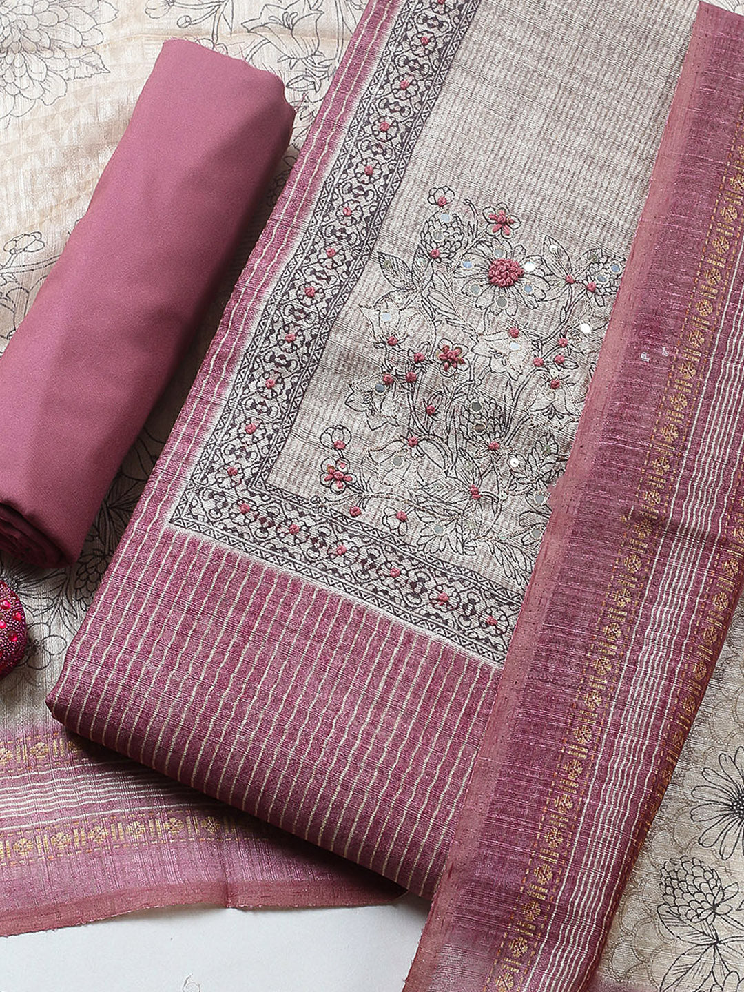 Embroidered Chanderi Unstitched Suit With Pant &amp; Dupatta