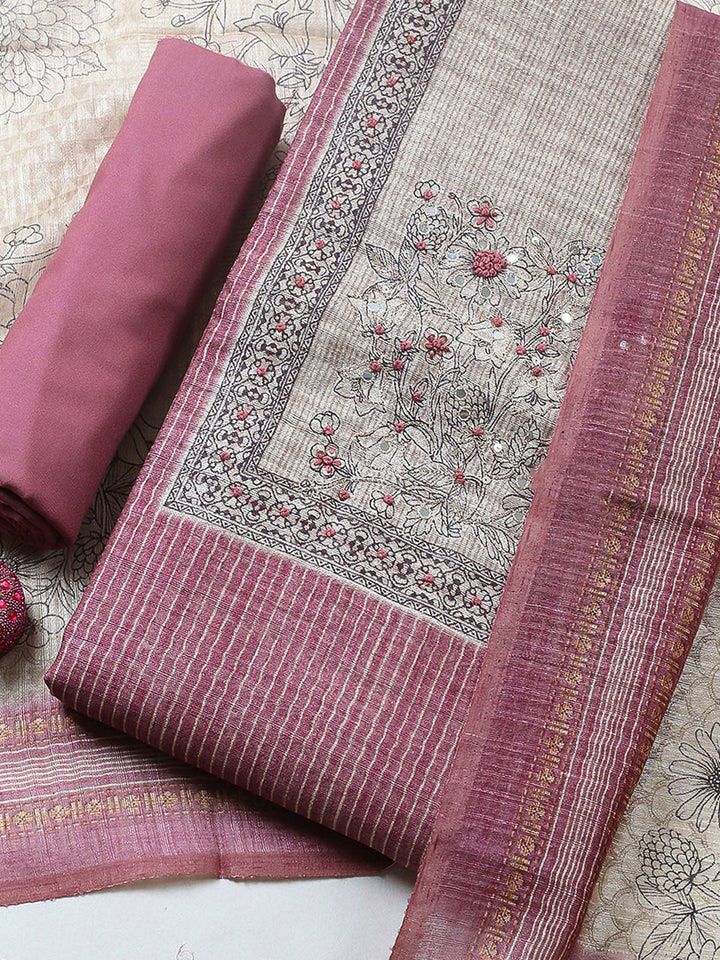 Embroidered Chanderi Unstitched Suit With Pant &amp; Dupatta