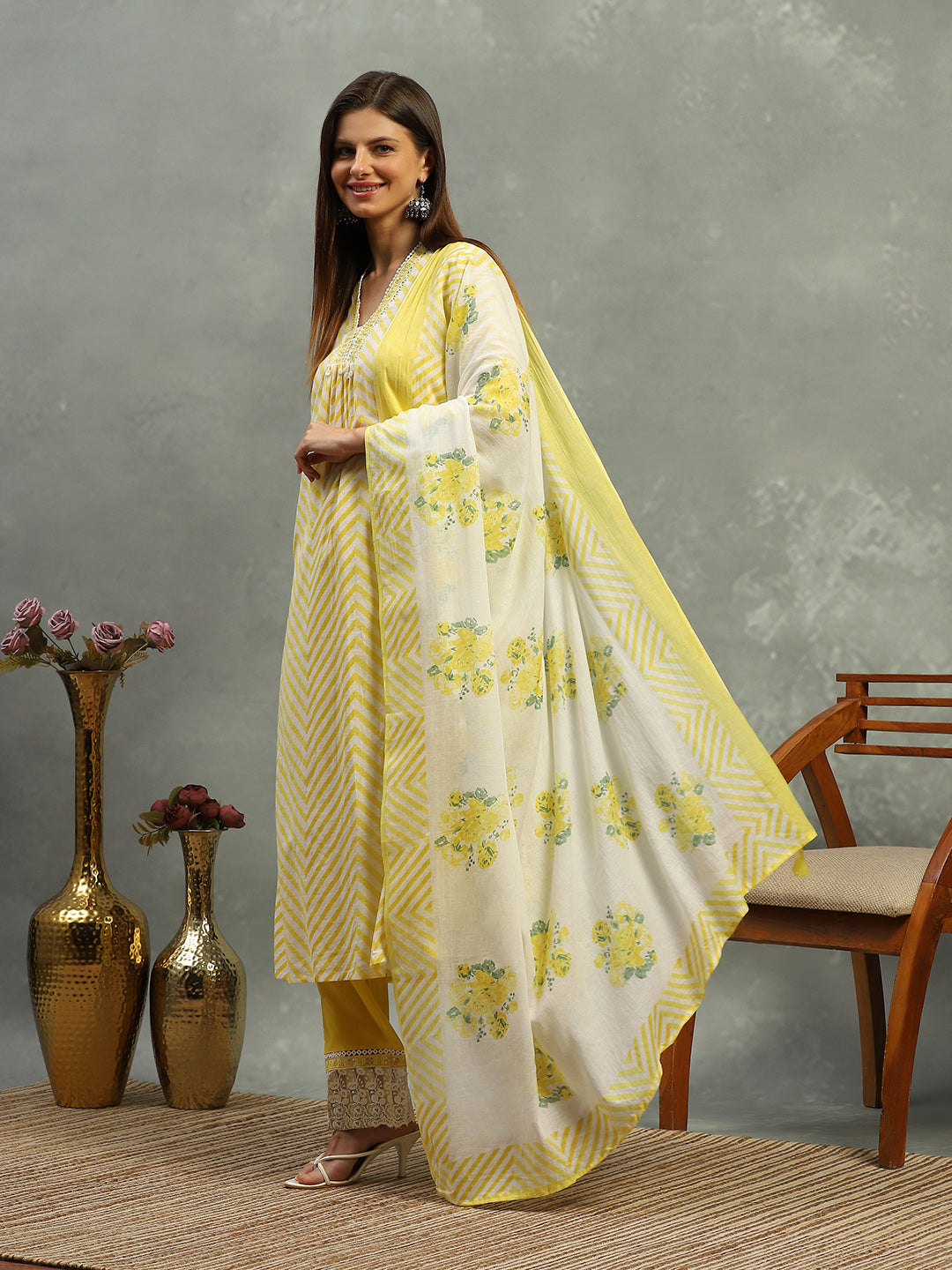 Printed Cotton Blend Kurta With Pants & Dupatta