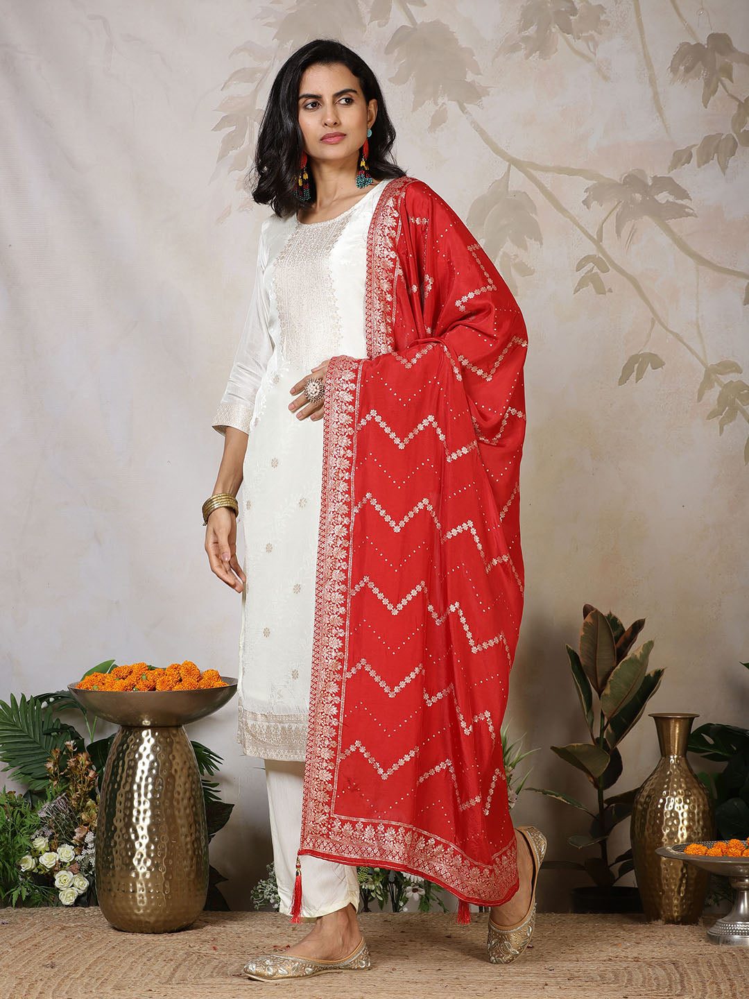 Banarasi Weave Tissue Kurta With Pants &amp; Dupatta