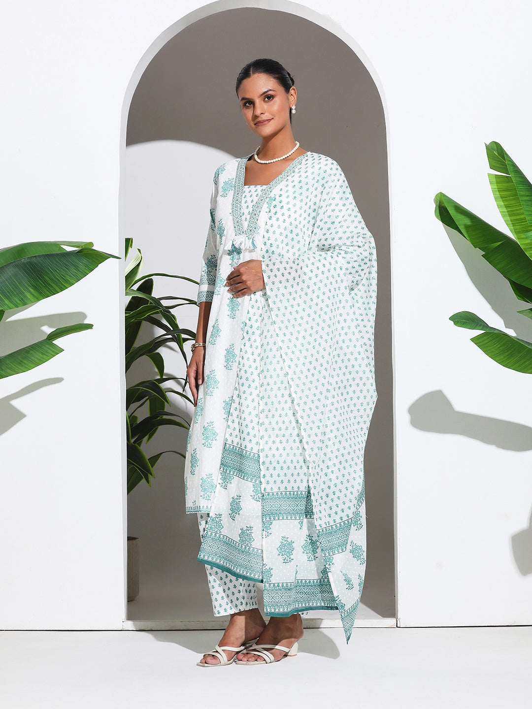 Printed Cotton Blend Kurta With Pant &amp; Dupatta