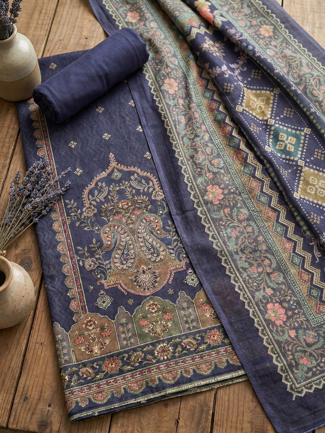 Embroidered Chanderi Unstitched Suit With Pant &amp; Dupatta