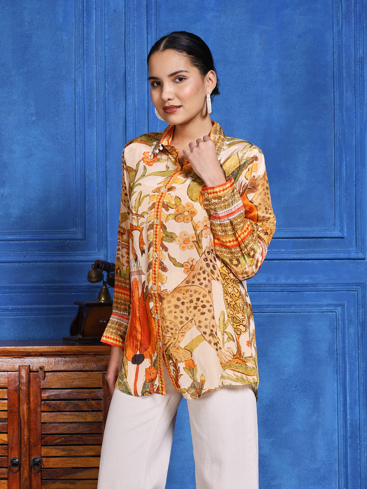 Beige Multicolor Crepe Printed Band Collar Kurti