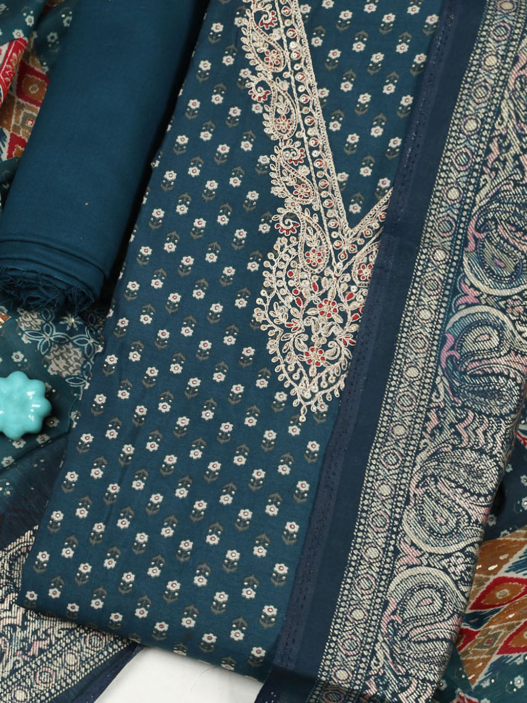 Embroidered Cotton Blend Unstitched Suit With Pant &amp; Dupatta