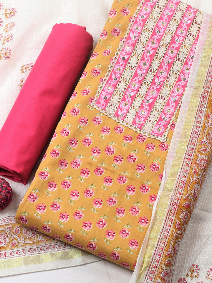 Printed Cotton Blend Unstitched Suit With Pant &amp; Dupatta