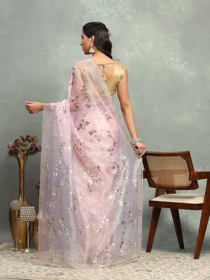 Foil Floral Printed Organza Saree
