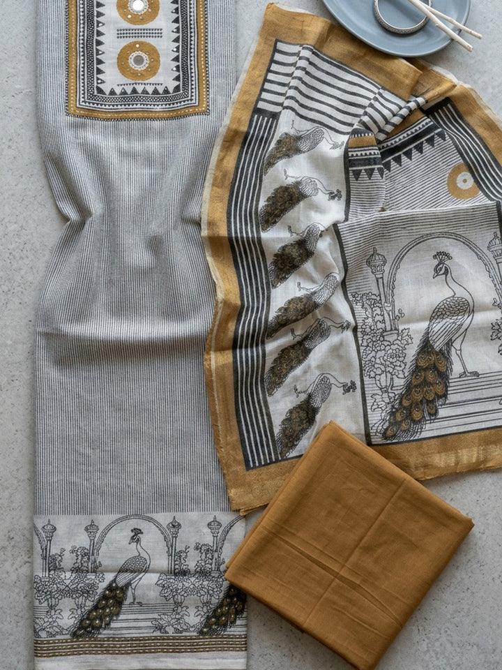 Embroidered Linen Blend Unstitched Suit With Pant &amp; Dupatta