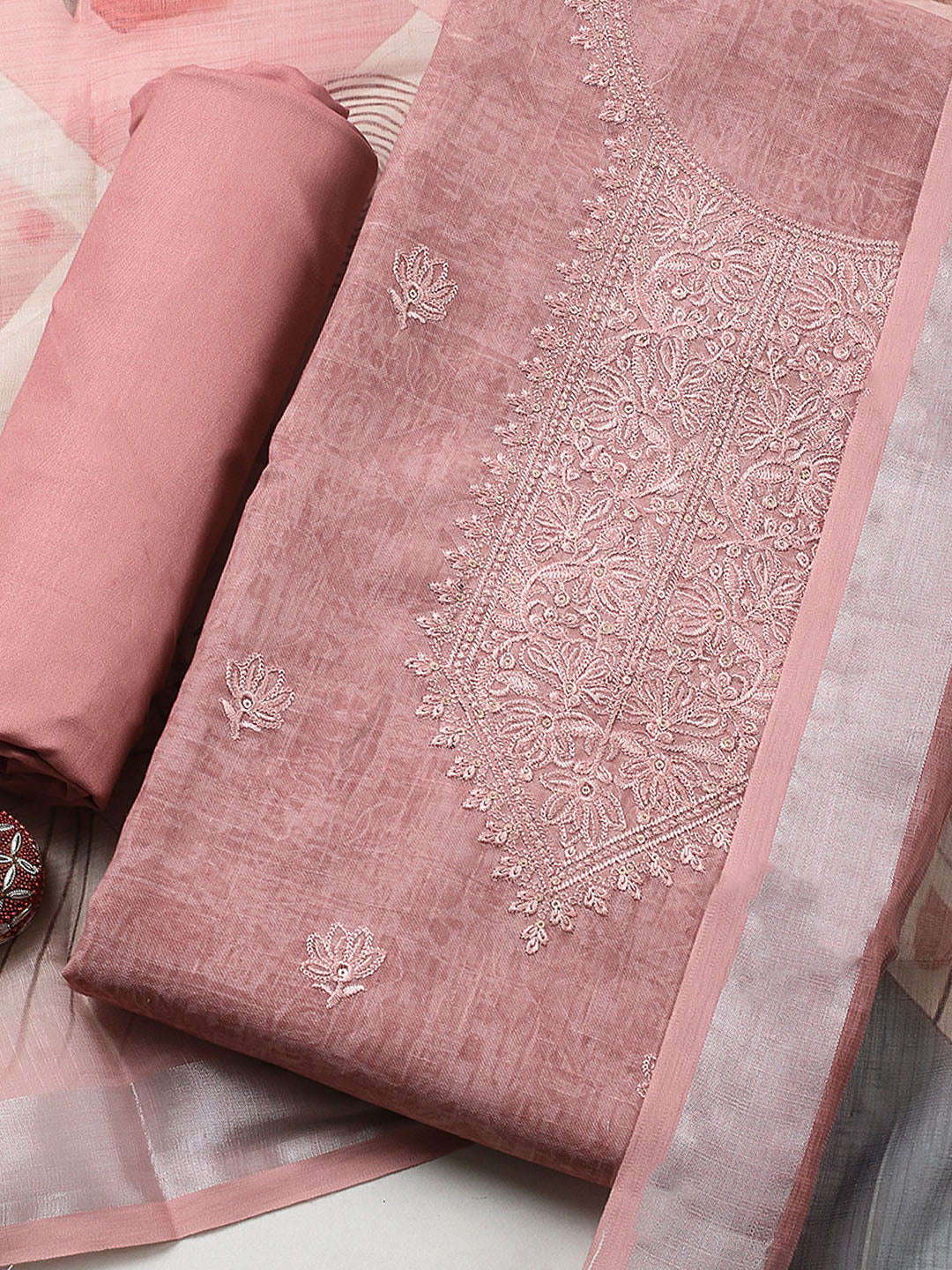Embroidered Linen Blend UnstitchedSuit With Pant &amp; Dupatta