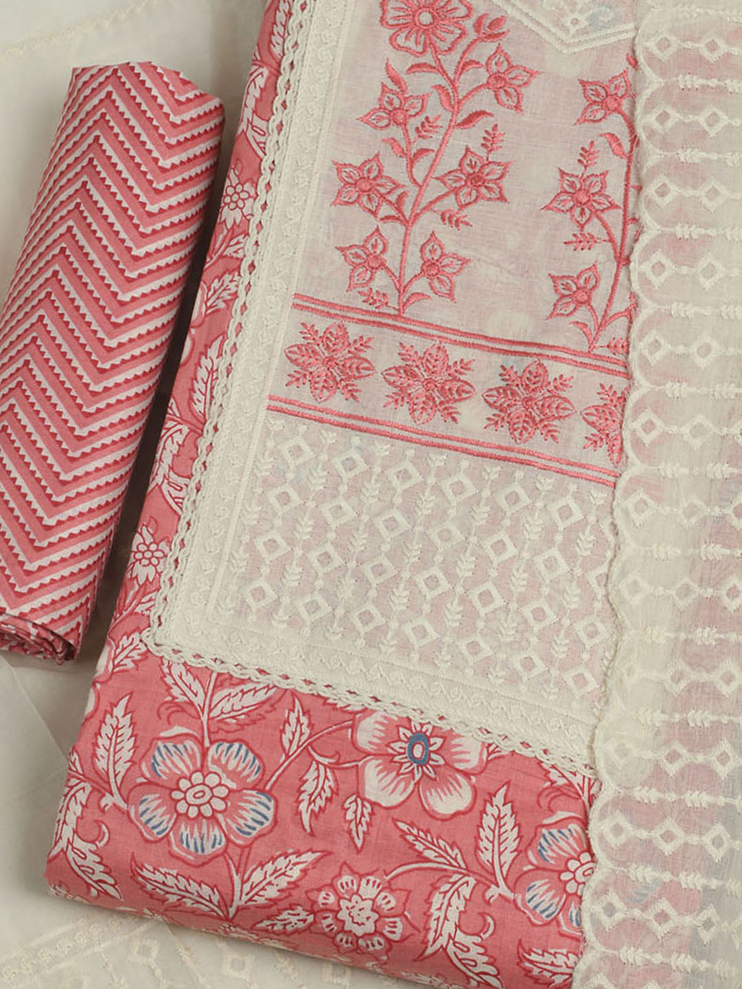 Printed Cotton Unstitched Suit With Pant &amp; Dupatta