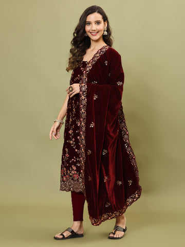 Neck Embroidered Velvet Unstitched Suit Piece With Dupatta