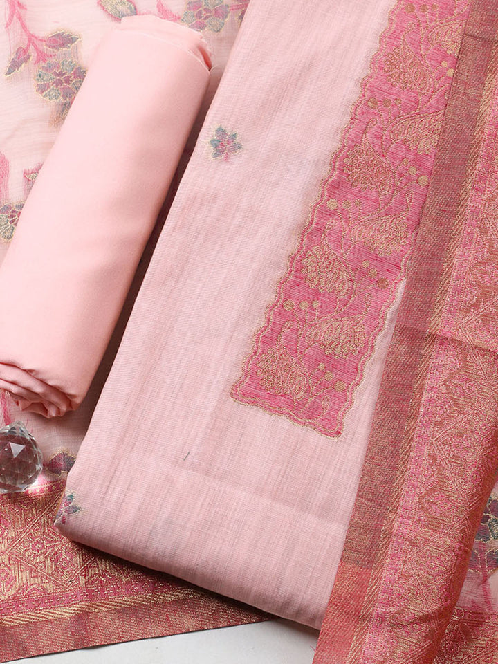 Woven Design Chanderi Unstitched Suit With Pant Dupatta