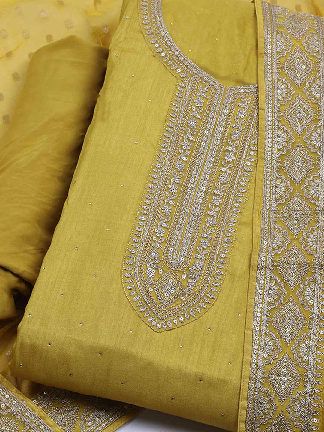 Neck Embroidered Chanderi Unstitched Suit With Dupatta