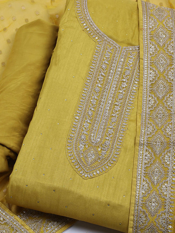 Neck Embroidered Chanderi Unstitched Suit With Dupatta