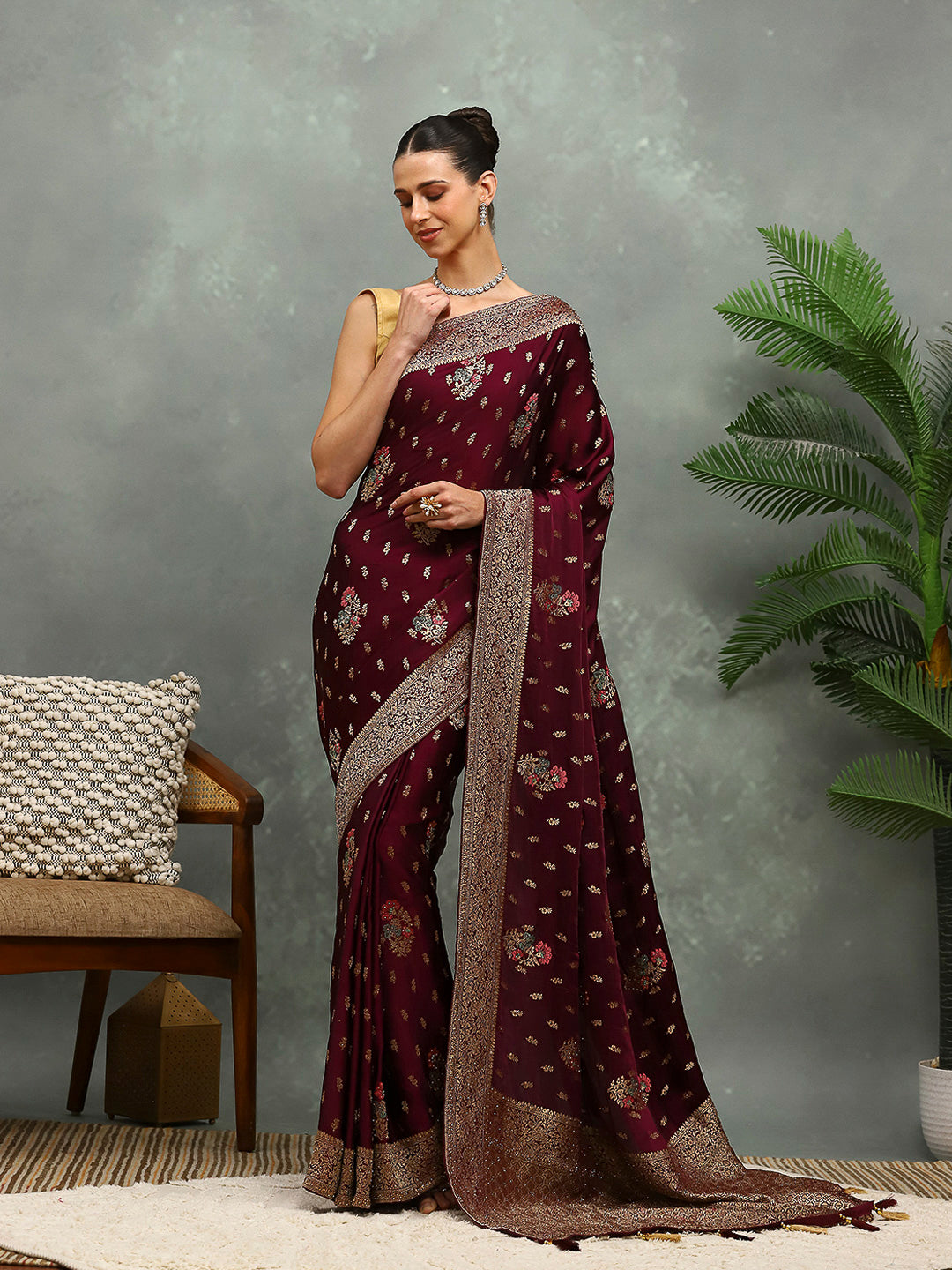 Stone Work Satin Embroidery Saree