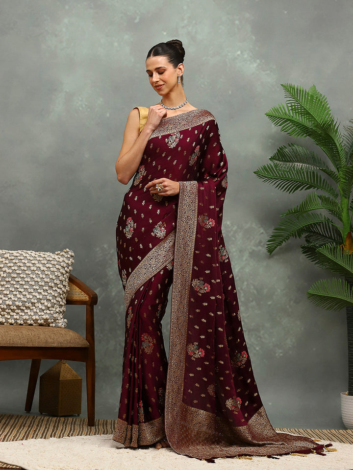 Stone Work Satin Embroidery Saree