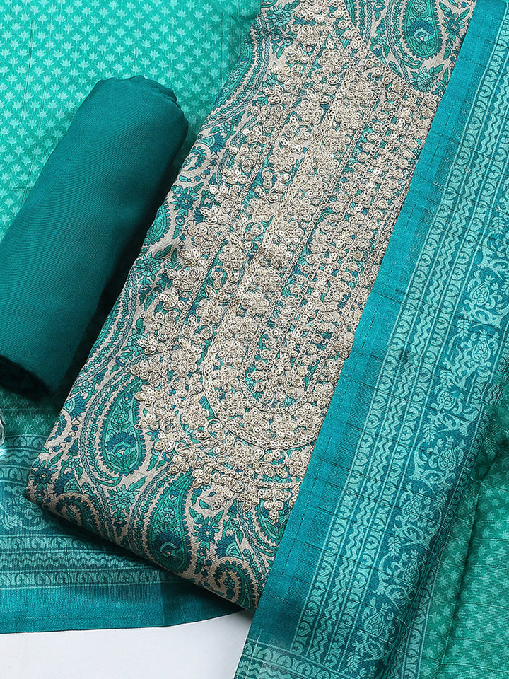 Embroidered Cotton Blend Unstitched Suit With Pant &amp; Dupatta