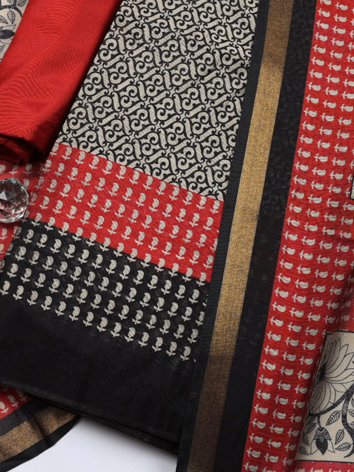 Printed Chanderi Unstitched Suit With Pant &amp; Dupatta