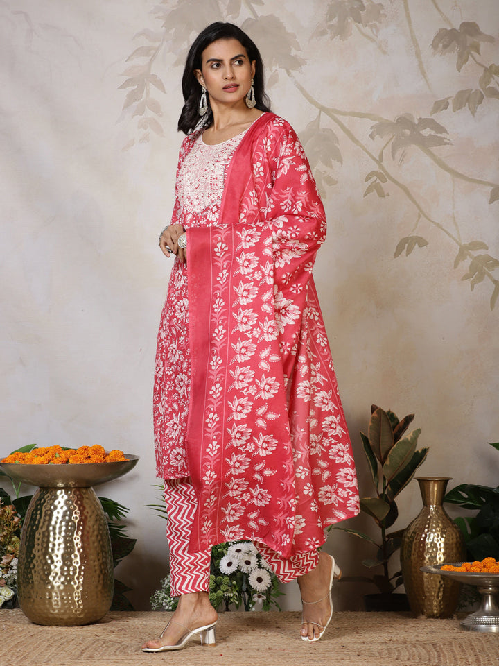 Printed Cotton Blend Kurta With Pants &amp; Dupatta