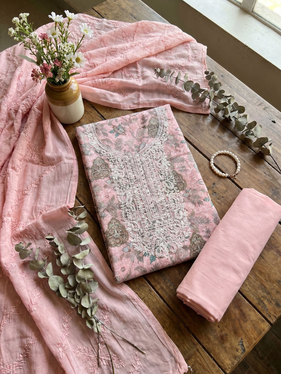 Neck Embroidered Cotton Blend Unstitched Suit With Dupatta