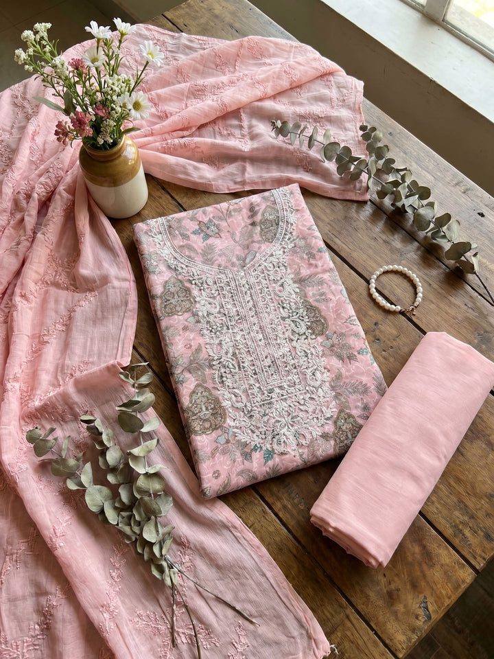 Neck Embroidered Cotton Blend Unstitched Suit With Dupatta