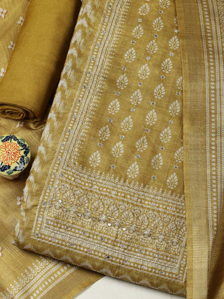 Embroidered Chanderi Unstitched Suit With Pant &amp; Dupatta