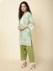 Printed & Panel Embroidery Cotton Kurta With Pants