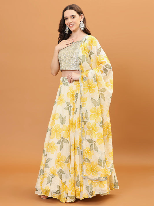 Floral Printed Organza Choli With Skirt & Dapatta