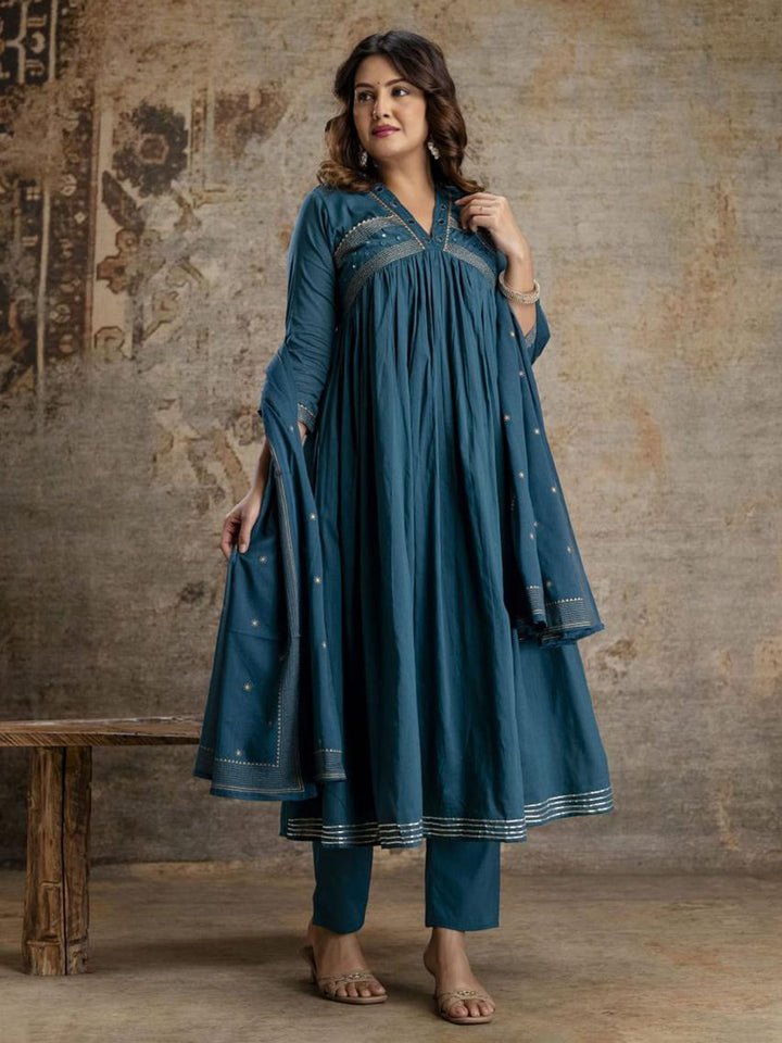 Blue Cotton Blend Embroidered Straight Suit Set