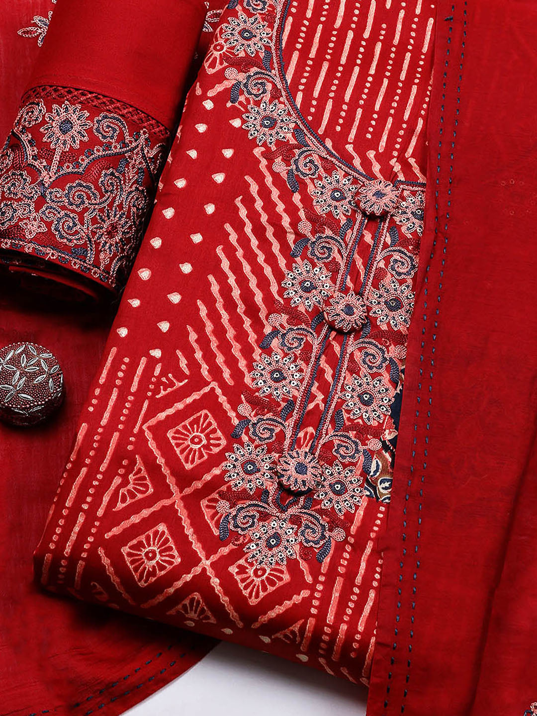 Embroidered Cotton Blend Unstitched Suit With Pant &amp; Dupatta