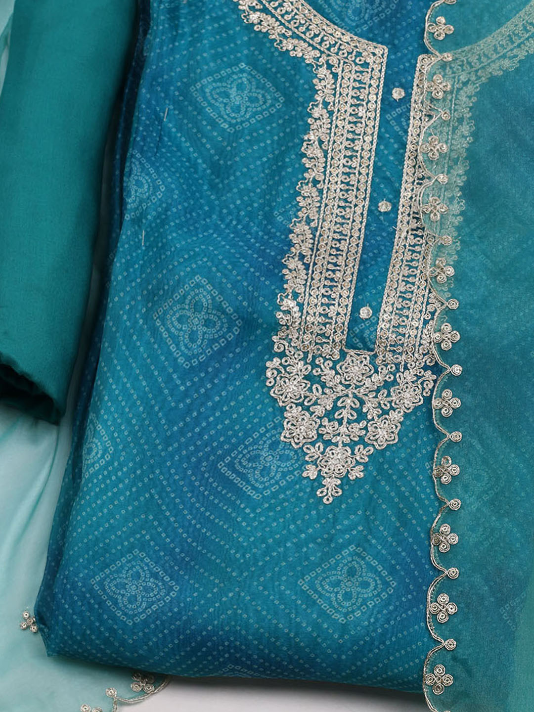 Neck Embroidered &amp; Printed Organza Unstitched Suit With Dupatta