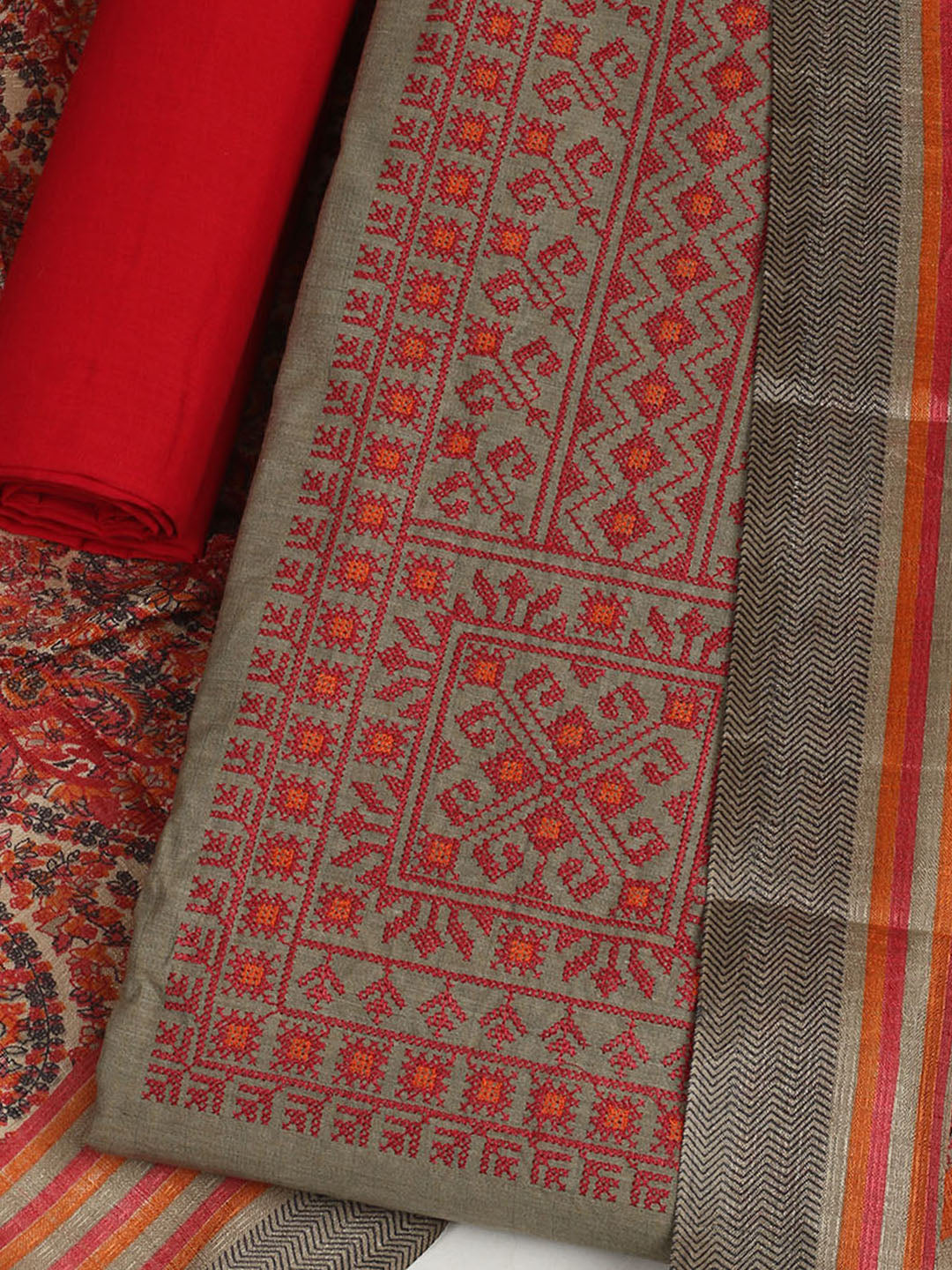 Embroidered Chanderi Unstitched Suit With Pant &amp; Dupatta