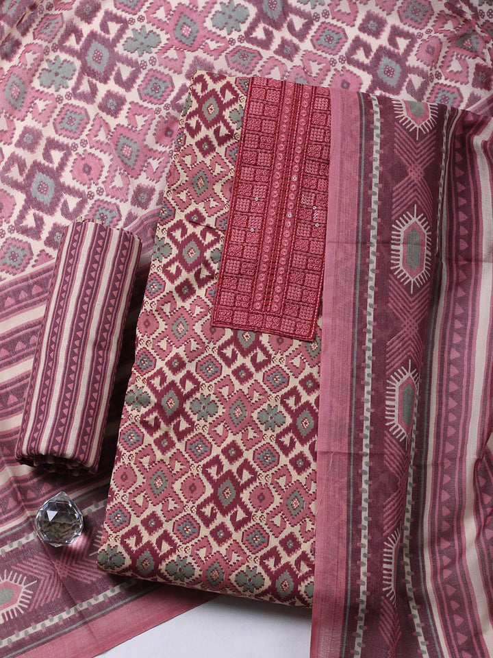 Printed Cotton Blend Unstitched Suit With Pant &amp; Dupatta
