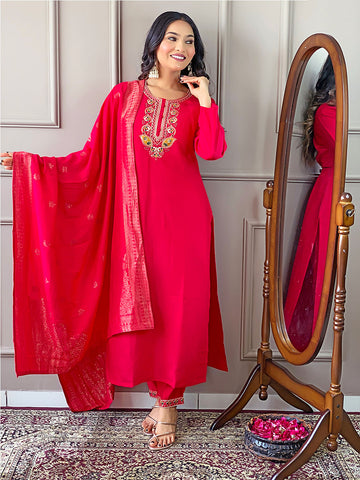 Resham Embroidered Handloom  Kurta With Pant & Dupatta